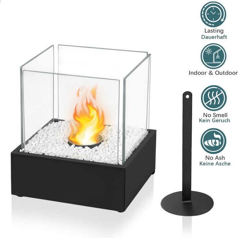 Bioethanol Kamin Feuerschale Tischkamin, Tragbarer Tischfeuer für Indoor und Outdoor mit Sicherheitsglas, Flammenlöscher...