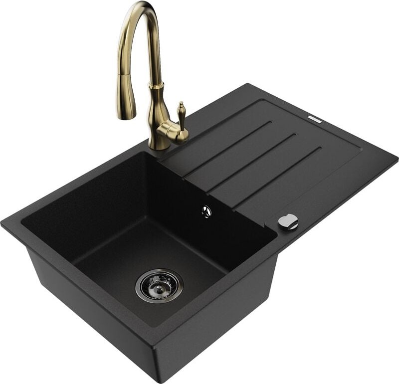 Bruno 1 Becken-Granitspüle mit Abtropffläche und Mischbatterie Savita, Schwarz - 6513-77-67260 - Mexen