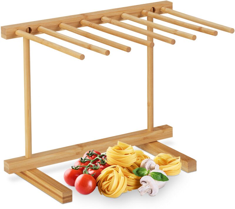 Relaxdays - Nudeltrockner, 8 Stangen, lange Pasta platzsparend trocknen, faltbar, Nudelständer Bambus, 28 cm hoch, natur