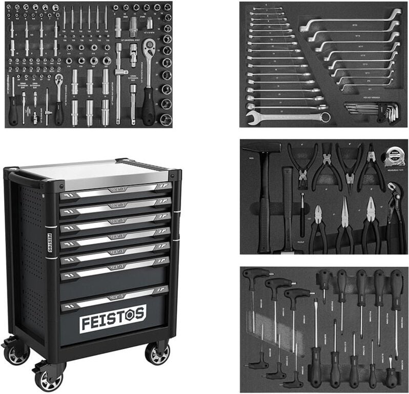 Mento 3 Werkstattwagen bestückt mit 158 Teilen Schwarz 73x48x97 cm - Feistos
