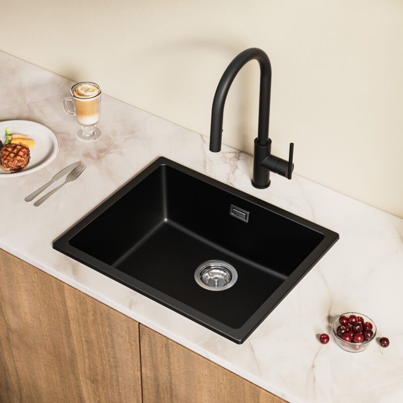 Cecipa Max - Granitspüle 55 x 44 cm Unterbau-Küchenspüle Granit Einbauspüle Schwarz