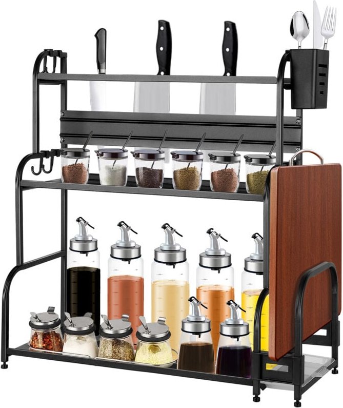 Küchengewürzregal, Gewürzhalter aus Metall, 3-stöckiges Gewürzregal, für Arbeitsplatte - mit Utensilienhalter - Schneide...