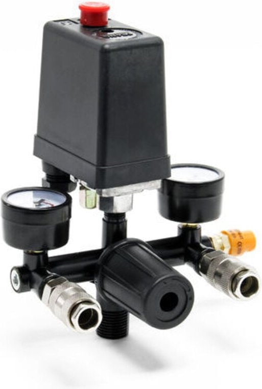 Druckregler 165 x 130 x 200 mm mit Druckschalter für Kompressor mit 2 Anzeigen, 2 Anschlüssen und Sicherheitsventil, Dru...