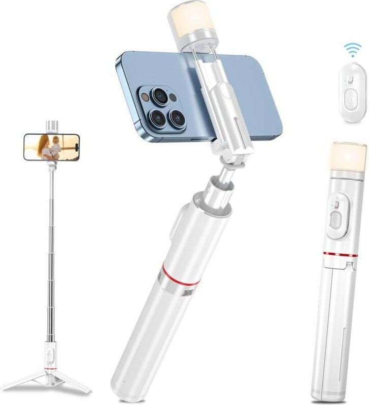 Bluetooth Selfie Stick Stativ mit Licht Füllen, 3in1 Erweiterbar Selfie Stange aus Aluminium mit Abnehmbares Drahtlose F...