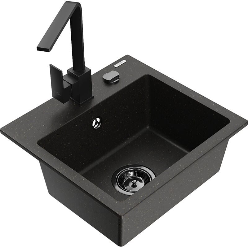 Mexen Milo 1-Becken-Granit-Spüle mit Mischbatterie Rita, Schwarz/Gold metallisch - 6505-75-670300-70