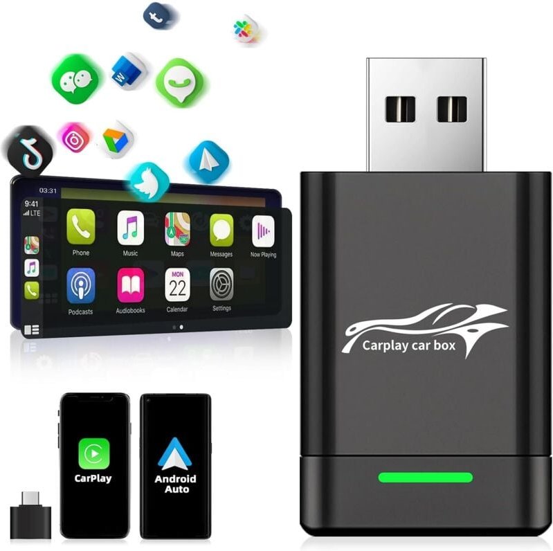 Kabelloser Carplay- und kabelloser Android Auto-Adapter, 2-in-1-Kabelloser Carplay-Dongle, konvertiert kabelgebundenes C...