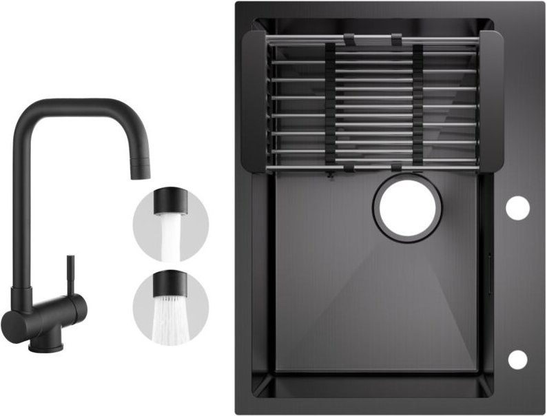 Cecipa Max - Küchenspüle aus Edelstahl 60x45cm Aufsatzwaschbecken Anthrazitschwarz + Fenster-Küchenarmatur Schwarz Hohe ...