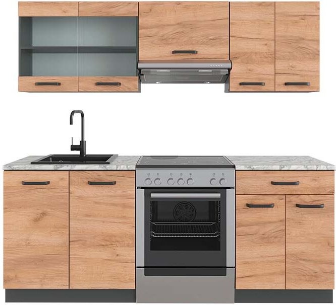 Vicco - Küchenzeile R-Line, Goldkraft Eiche/Anthrazit, 200 cm , ap Marmor