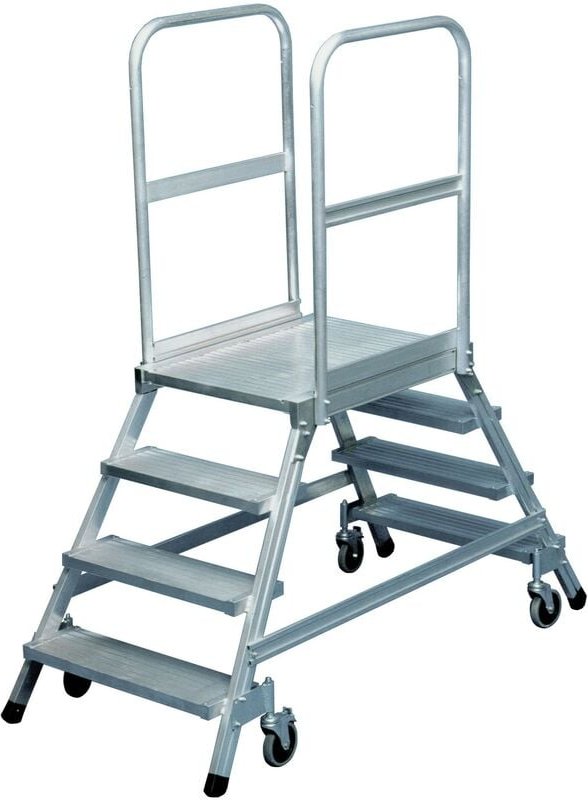 Iller Podestleiter fahrbar mit gefederten Lenkrollen beidseitig begehbar Aluminium 8 Stufen