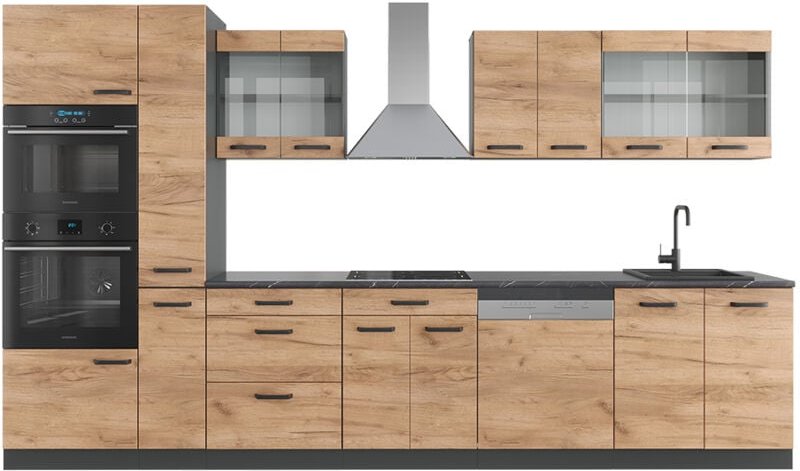 Vicco - Küchenzeile R-Line, Goldkraft Eiche/Anthrazit, 350 cm mit Hochschrank, ohne Arbeitsplatte