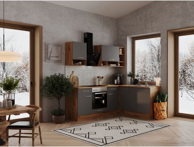 Küche Küchenzeile Leerblock Winkelküche Eiche Grau Hilde 220x172 cm Respekta