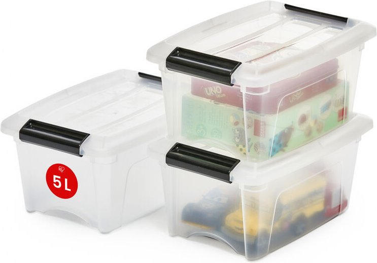 Iris Ohyama - Aufbewahrungsboxen mit Deckel, 5L, 3er-Set, Transparent, Sicherer Verschluss, Stapelbar, Griffe, Schlafzim...