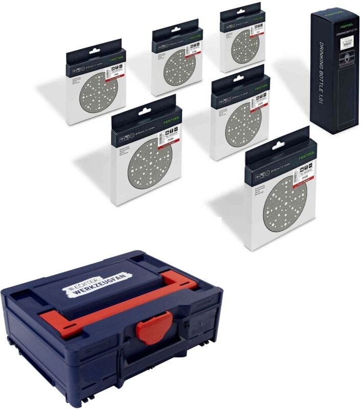 Schleifscheiben-Set Granat stf D150/48 GR-Set p inkl. Trinkflasche & ew Systainer³ m 137 blau / rot - Festool