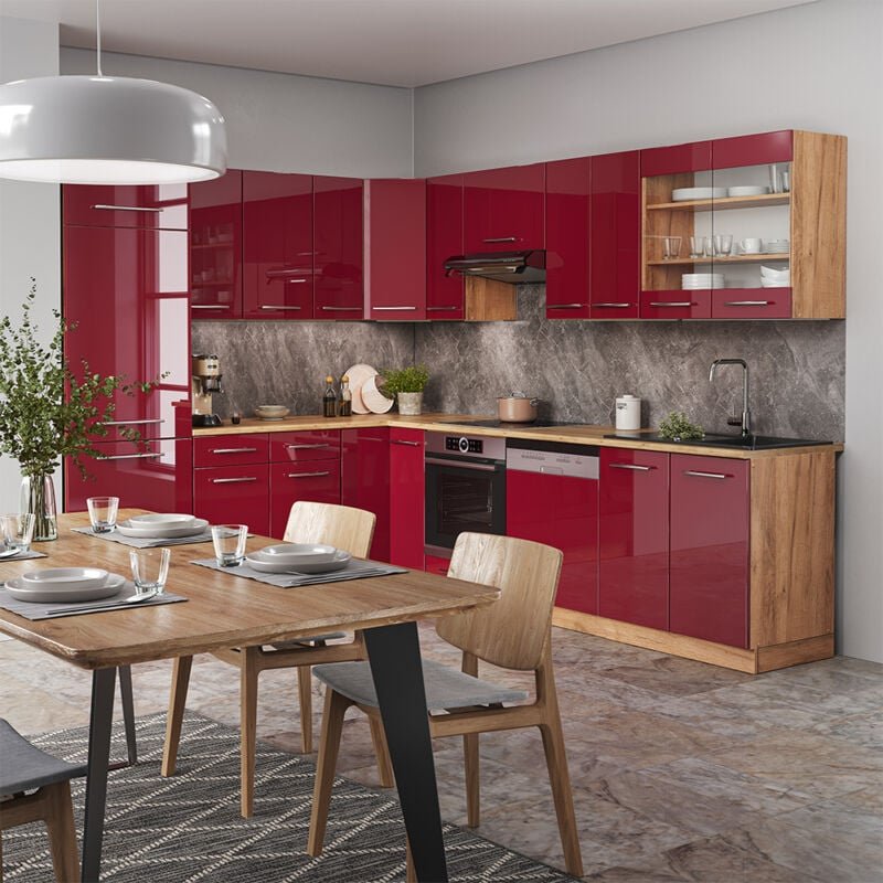 Vicco - Eckküche Fame-Line, Bordeaux Hochglanz/Goldkraft Eiche, 227 x 60 cm ohne Arbeitsplatte