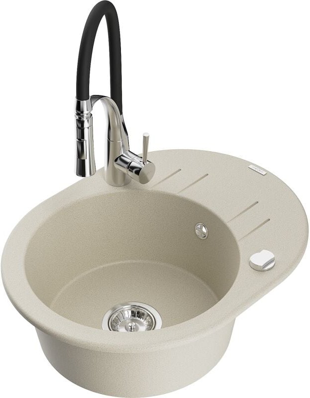 Kevin 1 Becken-Granitspüle mit Abtropffl√§che und Mischbatterie Aster, Beige - 6517-69-73450-07 - Mexen