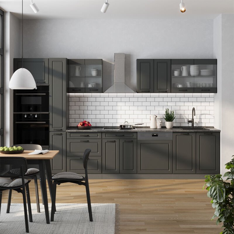 Vicco - Küchenzeile R-Line, Anthrazit Landhaus/Anthrazit, 350 cm ohne Arbeitsplatte