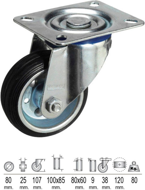 Rueda Industrial Goma Negra Placa 80 mm.