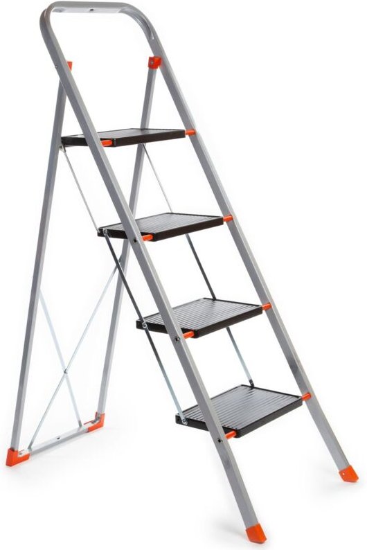 Trittleiter, 4 Stufen, klappbar, Haushaltsleiter mit hohem Griff, rutschfesten Füßen und rutschfestem Profil auf den bei...