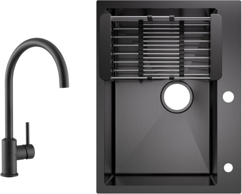 Cecipa Max - Küchenspüle aus Edelstahl 60x45cm Aufsatzwaschbecken Anthrazitschwarz + Hochdruck-Küchenarmatur Schwarz Hoh...