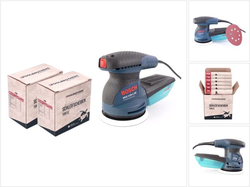Bosch gex 125-1 ae Exzenterschleifer 250 Watt 125 mm ( 0601387500 ) + 2x Toolbrothers turtle Schleifset