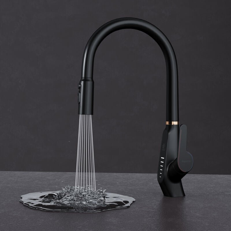 Mai & Mai Wasserhahn Küche Küchenamatur ausziehbar 360° drehbar 3 Wasserstrahl-Modi LED-Digitalanzeige Küchenwasserhahn ...