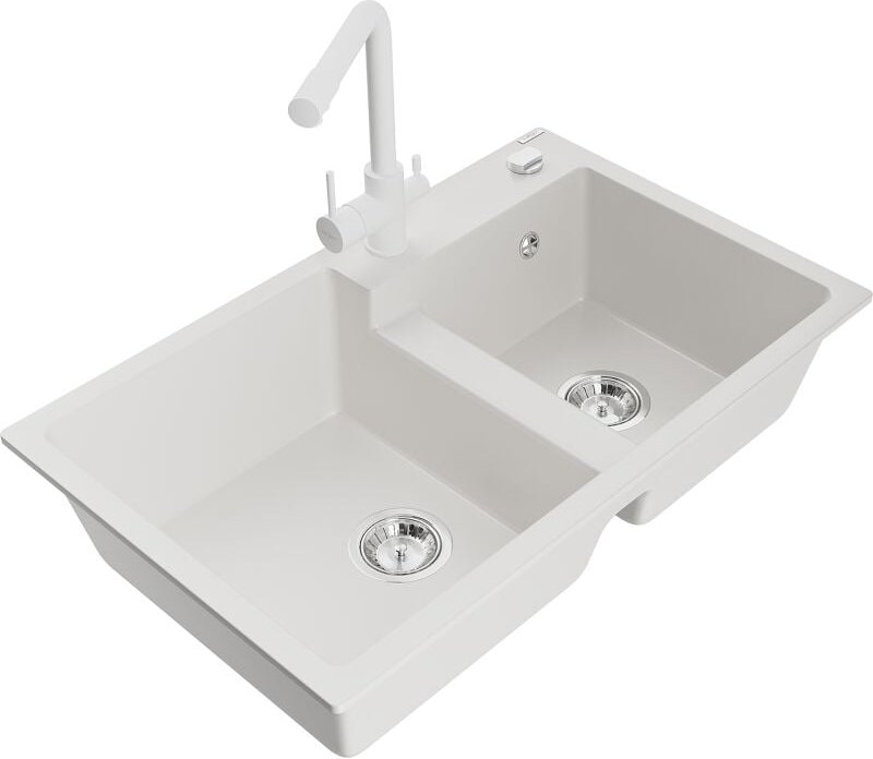 Tomas 2-Becken-Granitspüle mit Mischbatterie Duero, Wei√ü - 6516-20-671600-20 - Mexen