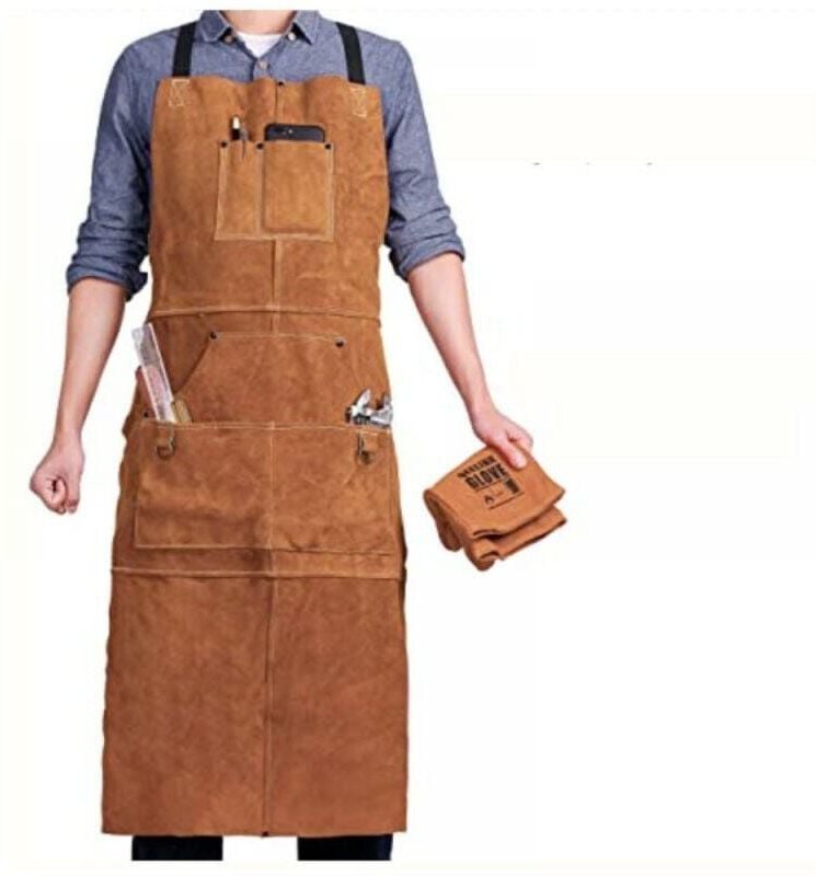 Thumbnail - Grembiule da saldatore a 6 tasche, grembiule da lavoro in pelle ignifuga e resistente al calore, grembiule da carpentier...