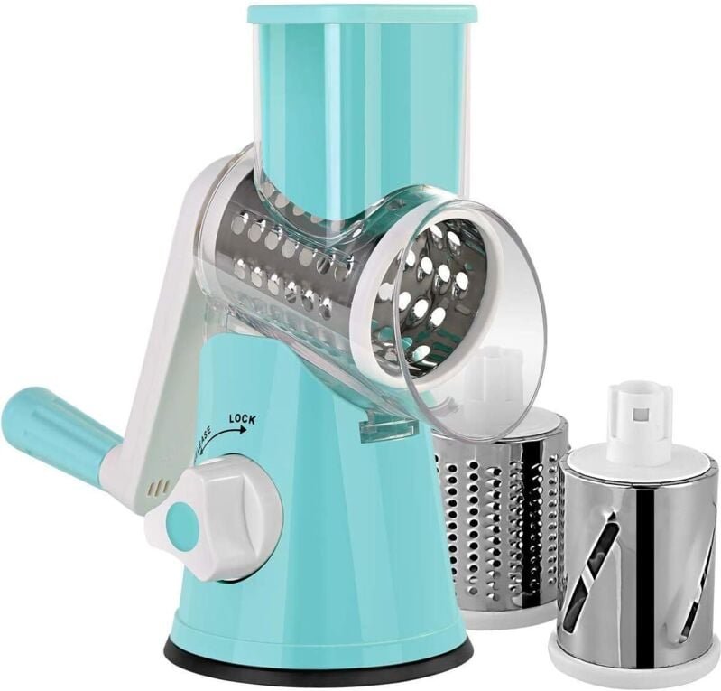 Manueller Gemüseschneider, Gemüsehobel, Trommelreibe, Käsemühle mit 3 Trommeleinsätzen aus Edelstahl (blau) -B-RAPANDA