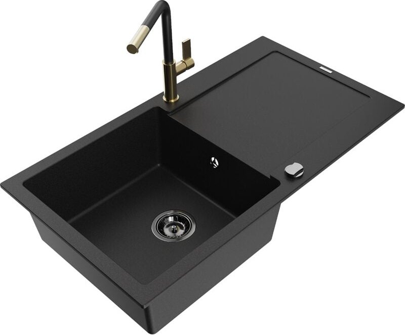 Leo 1 Becken-Granitspüle mit Abtropffläche und Mischbatterie Flora, Schwarz - 6501-77-670401-5 - Mexen