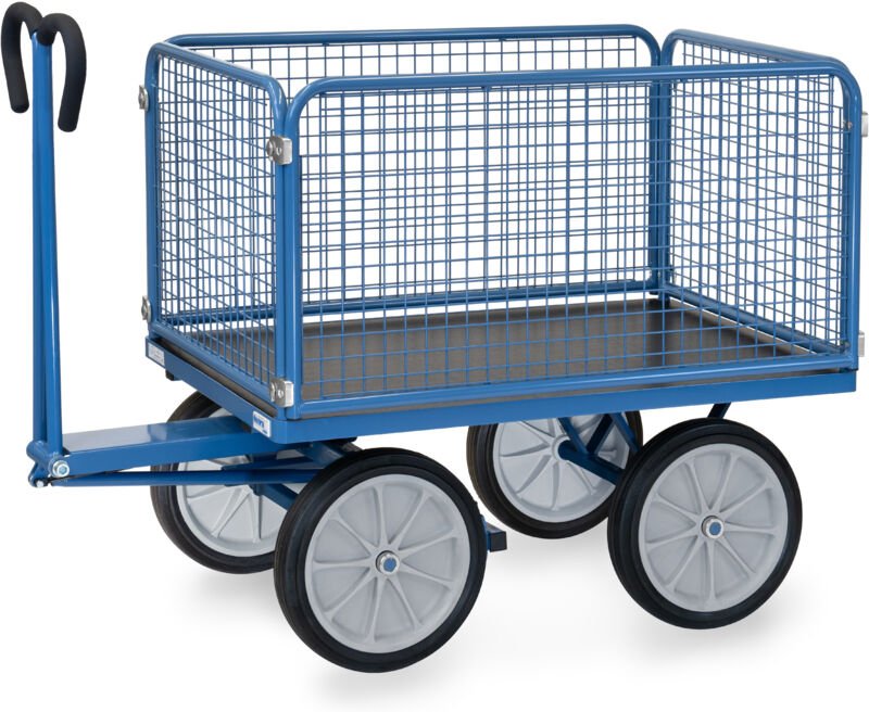 Fetra Handpritschenwagen mit Drahtgitterwänden 600 mm hoch, Vollgummi-Bereifung, 1200x800 mm