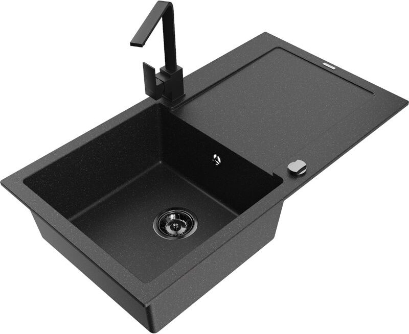 Leo 1 Becken-Granitspüle mit Abtropffläche und Mischbatterie Rita, Schwarz/Silbermetallic - 65 - Mexen