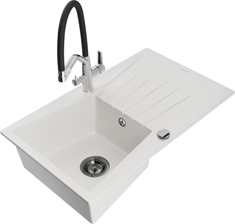 Cesar 1 Becken-Granitspüle mit Abtropffläche und Mischbatterie Duo, Weiß - 6514-20-671701-07-B - Mexen