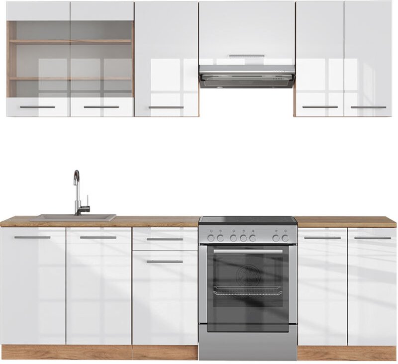 Thumbnail - Vicco - Küchenschränke Fame-Line, Weiß Hochglanz/Goldkraft Eiche, 240 cm , ap Eiche