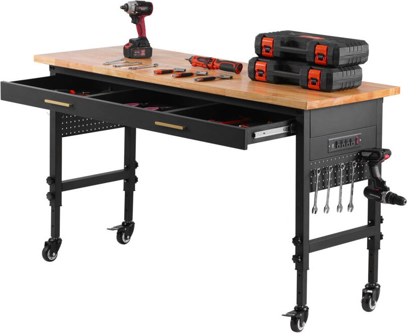 Mophorn 60" verstellbare Werkbank, 1500 lbs Tragkraft, Schubladenaufbewahrung, Steckdose, Räder, Stecktafel, robuste Eic...