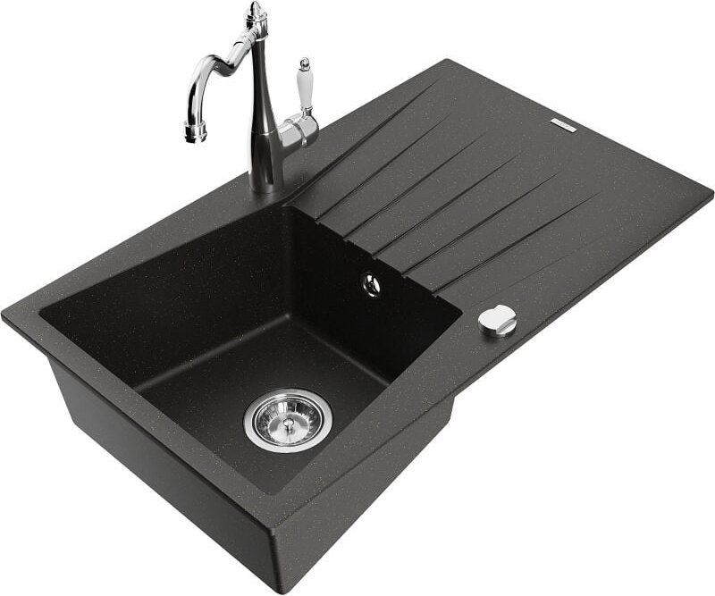 Cesar 1 Becken-Granitspüle mit Abtropffl√§che und Mischbatterie Carla, Schwarz/Gold metallisch - 6514-75-670700-00 - Mex...