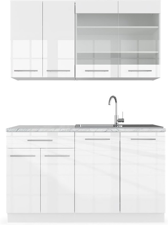 Vicco - Singleküche Fame-Line, Weiß Hochglanz/Weiß, 140 cm , ap Marmor