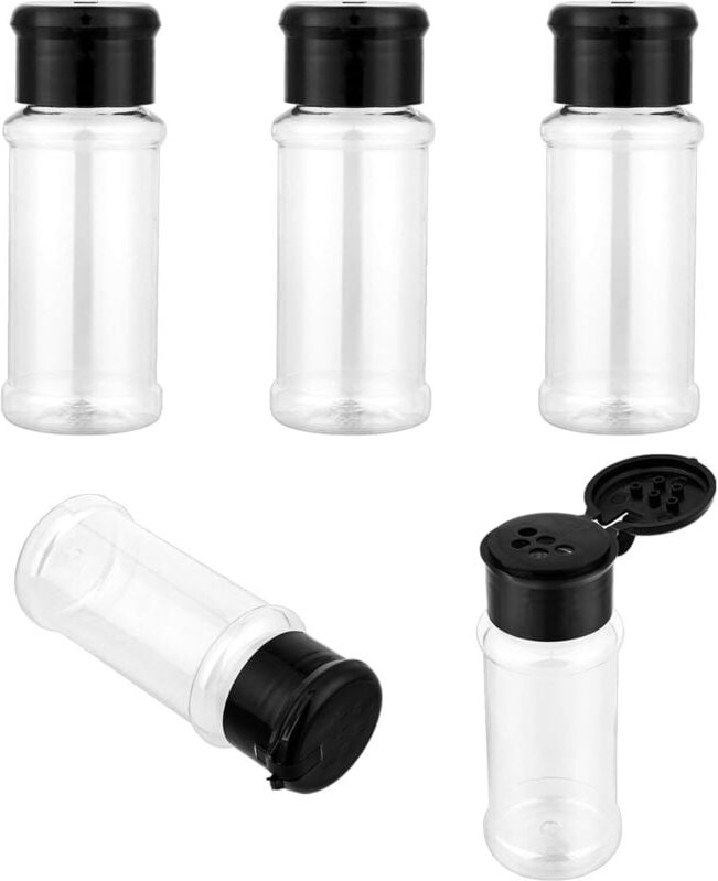 Packen Sie leere Gewürzgläser mit Shaker-Deckel, tragbare schwarze Gewürzbehälter aus Kunststoff zum Ausgießen oder Schü...