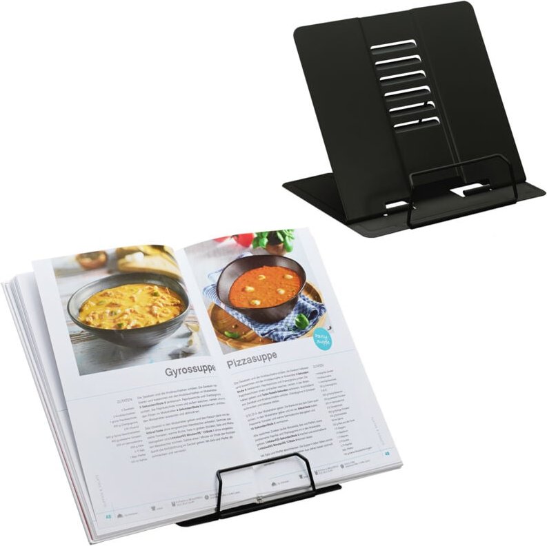 Relaxdays - Buchständer, 2er Set, Leseständer 6-fach höhenverstellbar, Kochbuchhalter mit Klemme, Küche, Stahl, schwarz