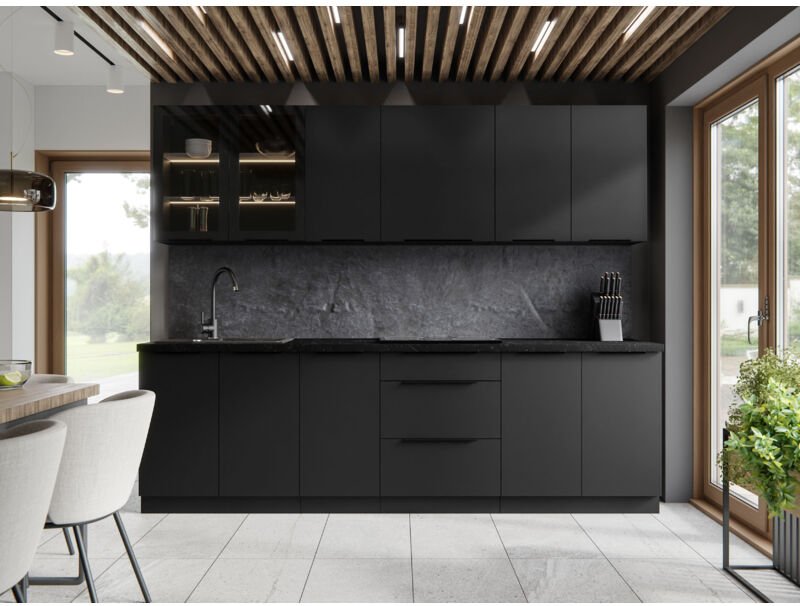 Küchenmöbel Set Direnza 260 cm mit Hängeschränken Mattschwarz - Furnix