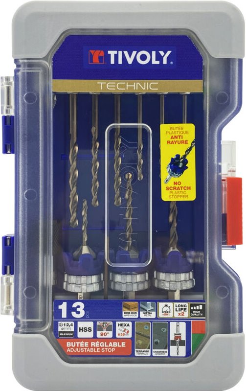 Tivoly - Schachtel mit 13 Teilen – 3 2-in-1-HSS-Holz-/Metallbohrer- und Senker-Sets + 6 HSS-Bohrer + 3 Edelstahl-Bohrer ...