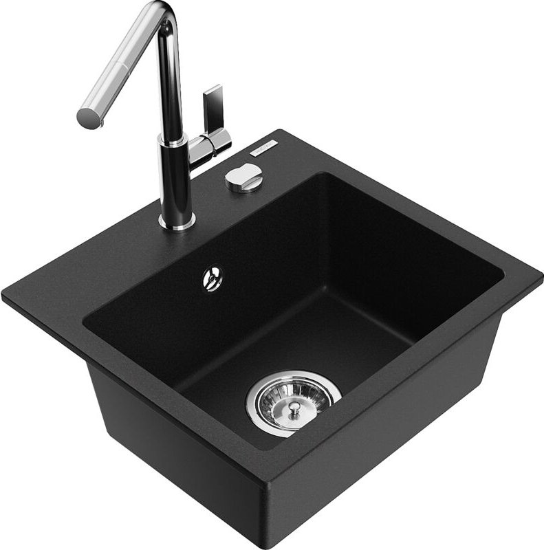 Milo 1-Becken-Granitspüle mit Mischbatterie Flora, Schwarz - 6505-77-670401-00 - Mexen