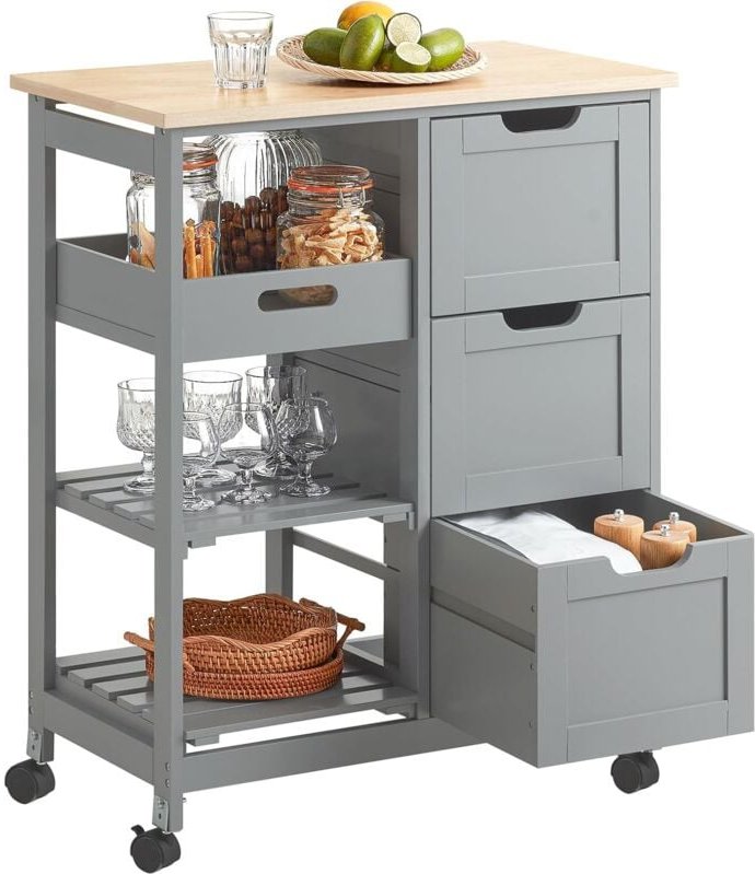 FKW79-HG Küchenwagen Servierwagen Beistellwagen Rollwagen mit 3 Schubladen und 3 Ablagen Hellgrau bht ca. 67x84,5x37cm -...