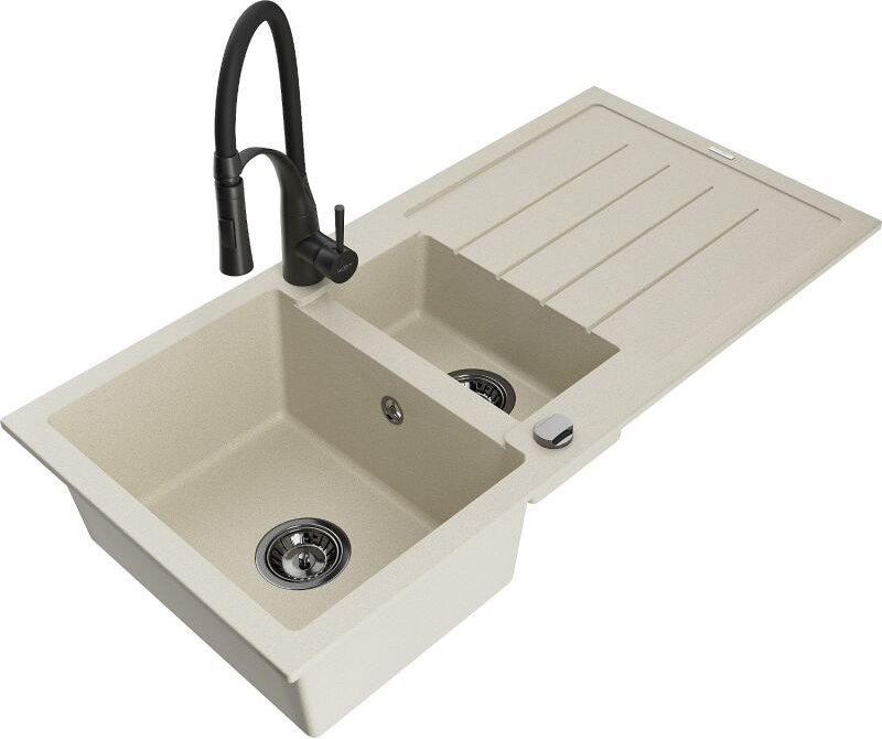 Andres 1,5-Becken-Granitspüle mit Abtropffl√§che und Mischbatterie Aster, Beige - 6515-69-73450-70-B - Mexen