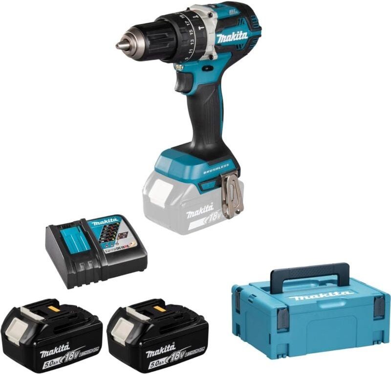 Schlagbohrmaschine 18 v Li-Ion 5 Ah ø 13 mm Makita 2 Akkus, Ladegerät, Koffer - DHP484RTJ