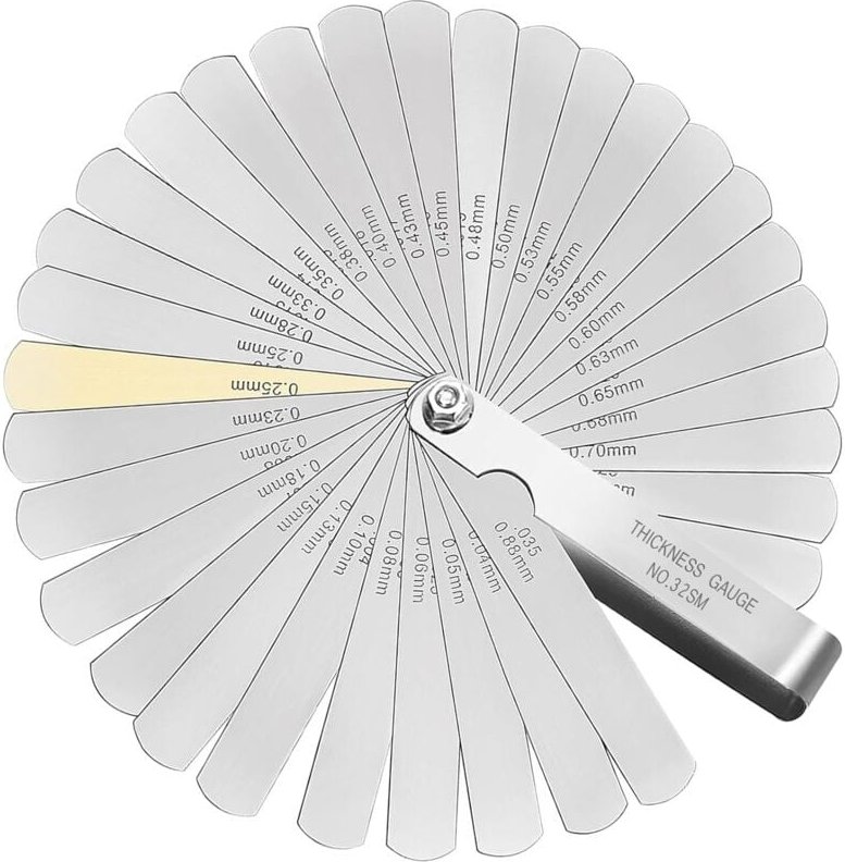 Fühlerlehre, 32 Blatt mit metrischer/zölliger Markierung, zum Messen lichter Breiten/Dicken