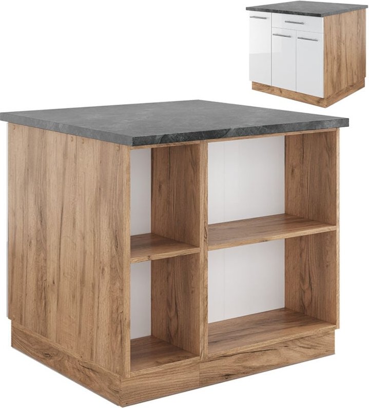 Vicco - Kücheninsel Fame-Line, Weiß Hochglanz/Goldkraft Eiche, 90 cm mit Schublade, ohne Arbeitsplatte