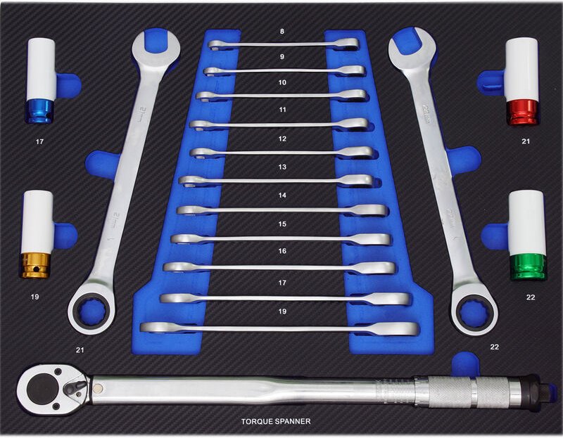 Profi Werkstattwagen Einlage blau Knarren-Ring-Maulschlüssel-Satz + Drehmomentschlüssel + Felgennüsse