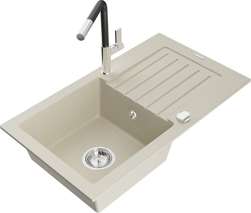 Pablo 1 Becken-Granitspüle mit Abtropffläche und Mischbatterie Flora, Beige - 6510-69-670401-0 - Mexen