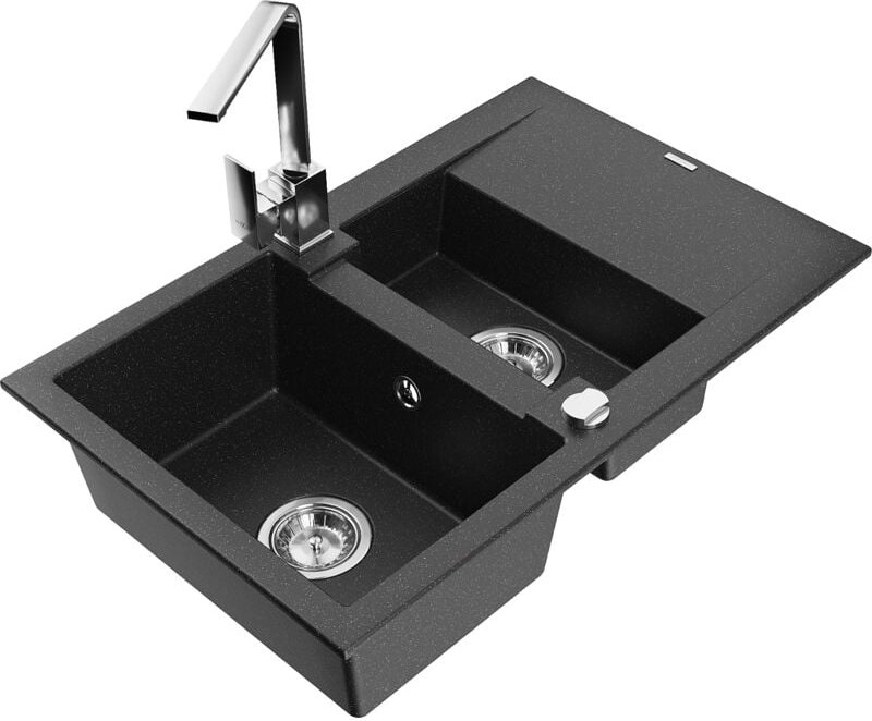 Gaspar 1,5-Becken-Granitspüle mit Abtropffläche und Mischbatterie Rita, Schwarz/Silbermetallic - Mexen