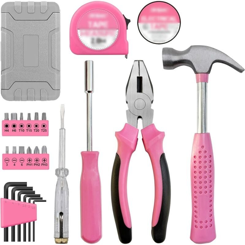 Thumbnail - 24-teiliges rosa DIY-Werkzeugset für Damen. Kleiner Werkzeugkasten Ideal für Anfänger, für Zuhause & Büro